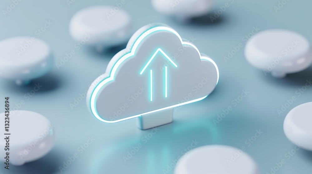 Aufkleber cloud storage icon with upload arrow on soft blue background surrounded by white circular shapes