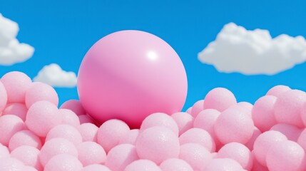 Pink sphere rests atop a pile of smaller pink spheres against a bright blue sky with fluffy white clouds. A minimalist, bright and cheerful image.