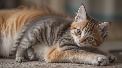 A playful kitten lounging comfortably, showcasing its adorable features and curious gaze, perfect for pet lovers.