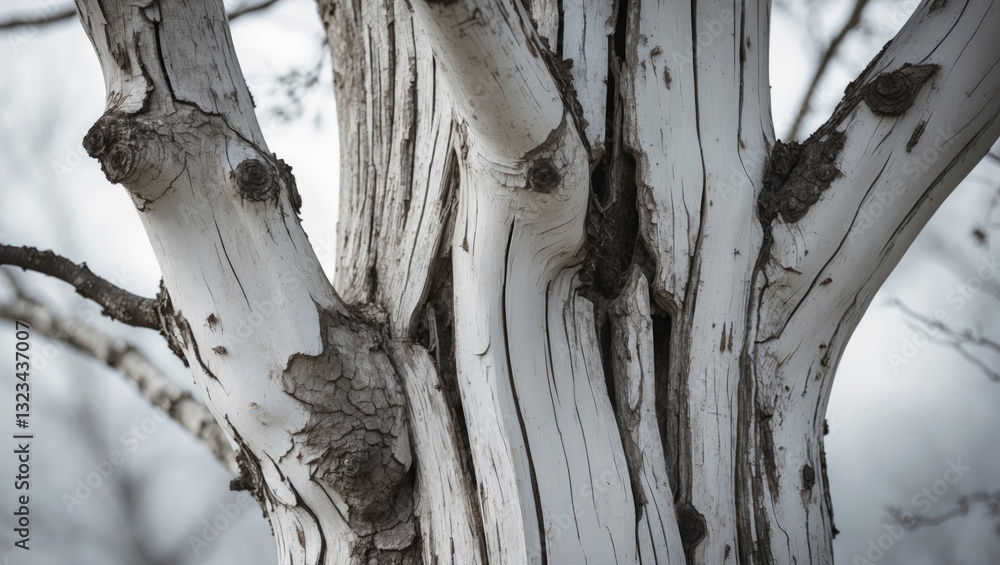 Aufkleber aged white wooden tree trunk showcasing intricate textures and weathered details set against a soft 