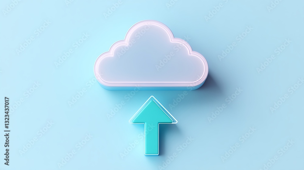 Poster cloud symbol with upward arrow on soft blue background for digital storage and data transfer concept