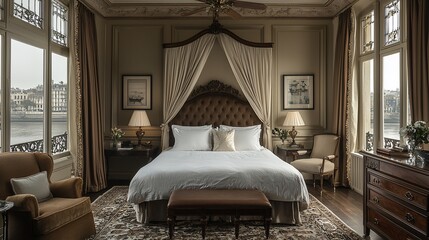 Elegant hotel bedroom featuring a large bed, classic decor, and a scenic river view