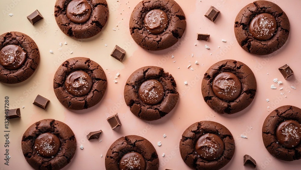Aufkleber chocolate cookies with glossy tops arranged on a soft pastel gradient background with chocolate chun