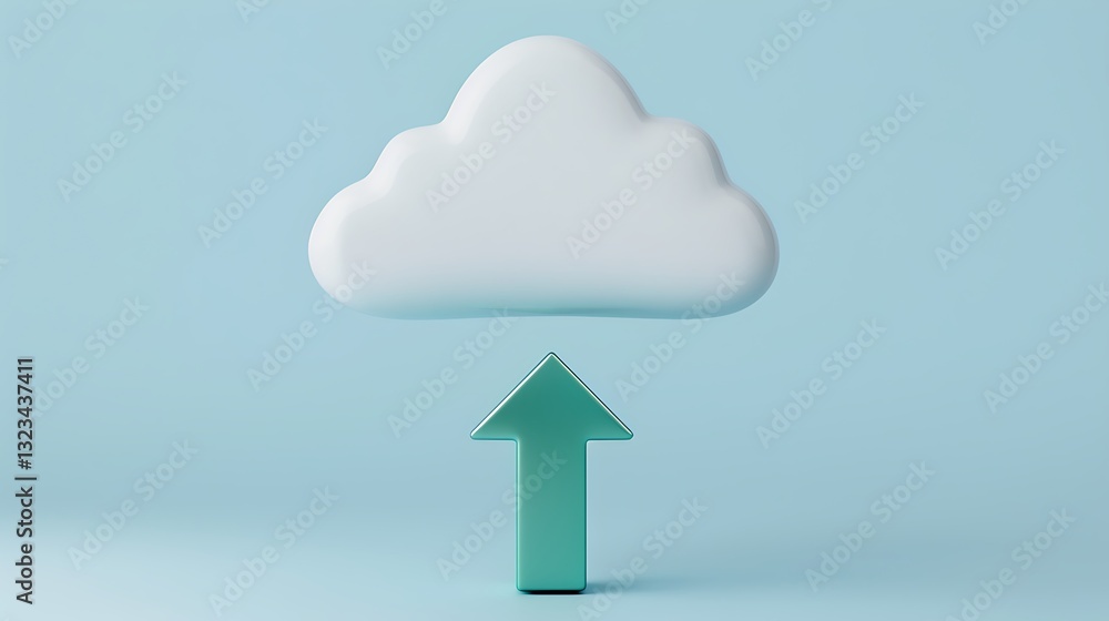 Poster cloud upload icon with green arrow symbolizing data transfer in a digital environment on a light blu