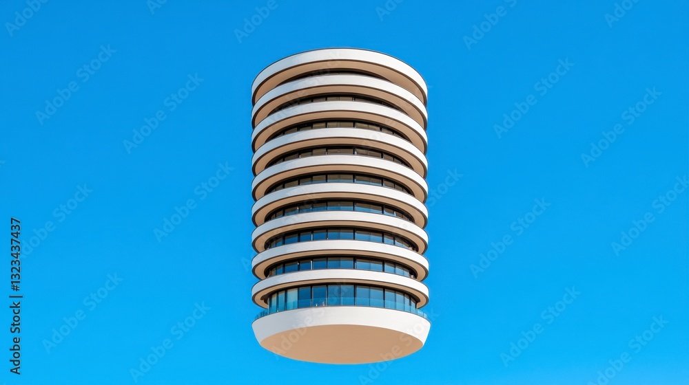Poster a pixelated image of a cylindrical building against a clear blue sky. the building has multiple floo