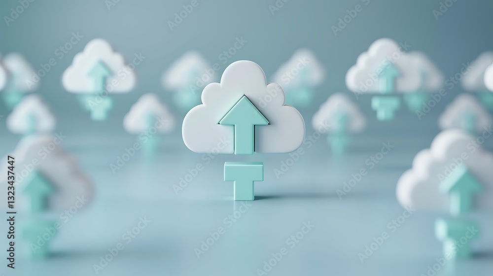 Poster cloud upload iconography in a minimalist style with soft blue background and 3d elements for digital