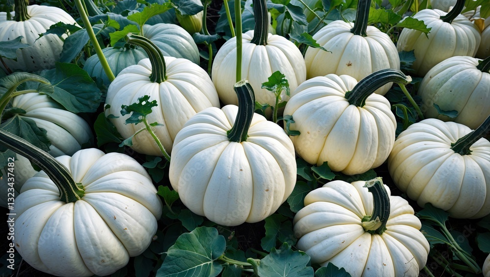 Aufkleber high angle view of lush green pumpkin plants with multiple round white pumpkins showing varying size