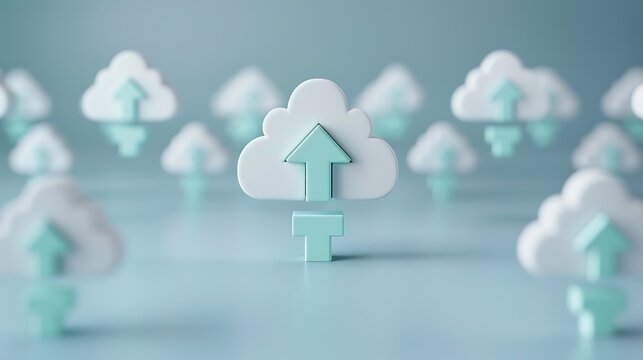 Cloud Upload Iconography in a Minimalist Style with Soft Blue Background and 3D Elements for Digital Concepts