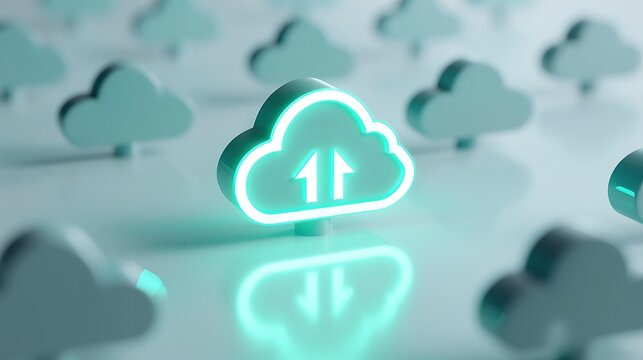 Cloud upload symbol glowing in a sea of clouds representing data transfer and cloud storage technology