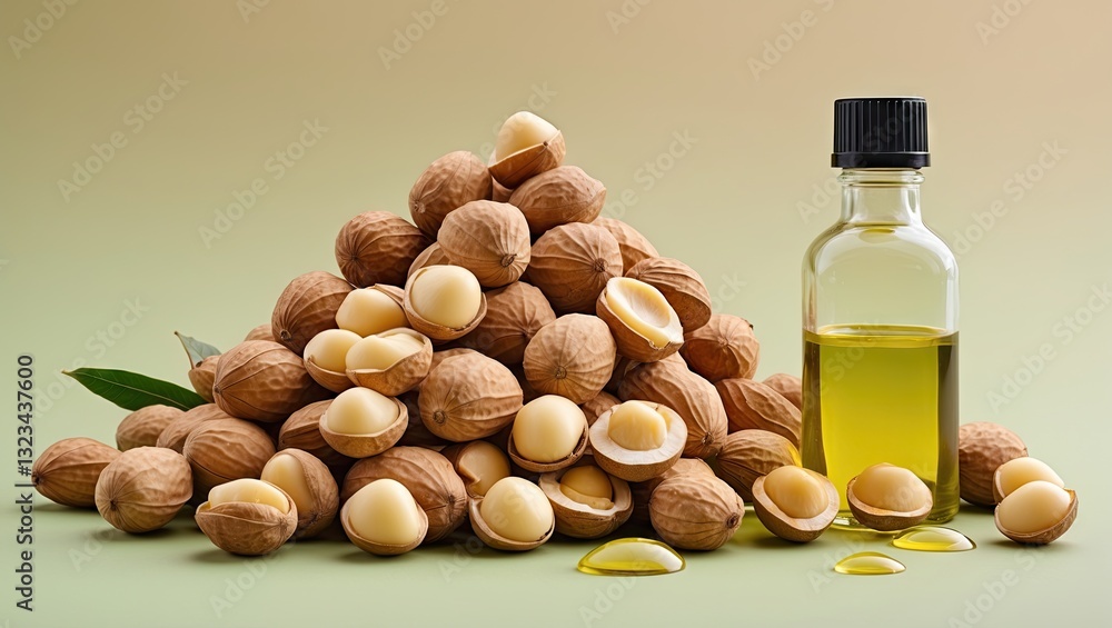 Poster heap of macadamia nuts with green shells, cracked nuts and a glass bottle of golden macadamia oil on