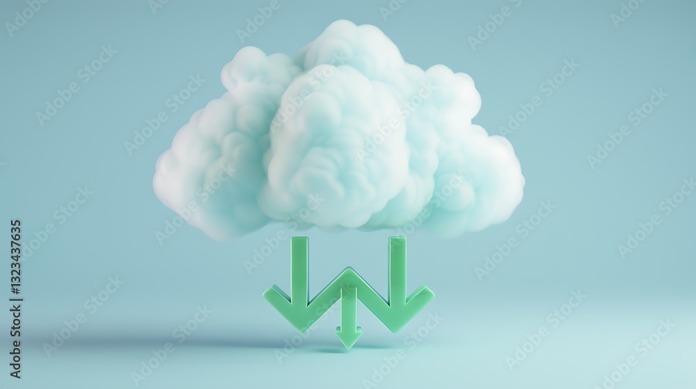 Poster cloud with arrows indicating decrease in data or business performance in a pastel environment