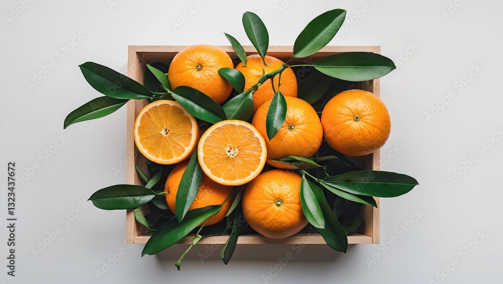 Poster fresh ripe oranges with green leaves arranged in a wooden box on a light gray surface viewed from ab
