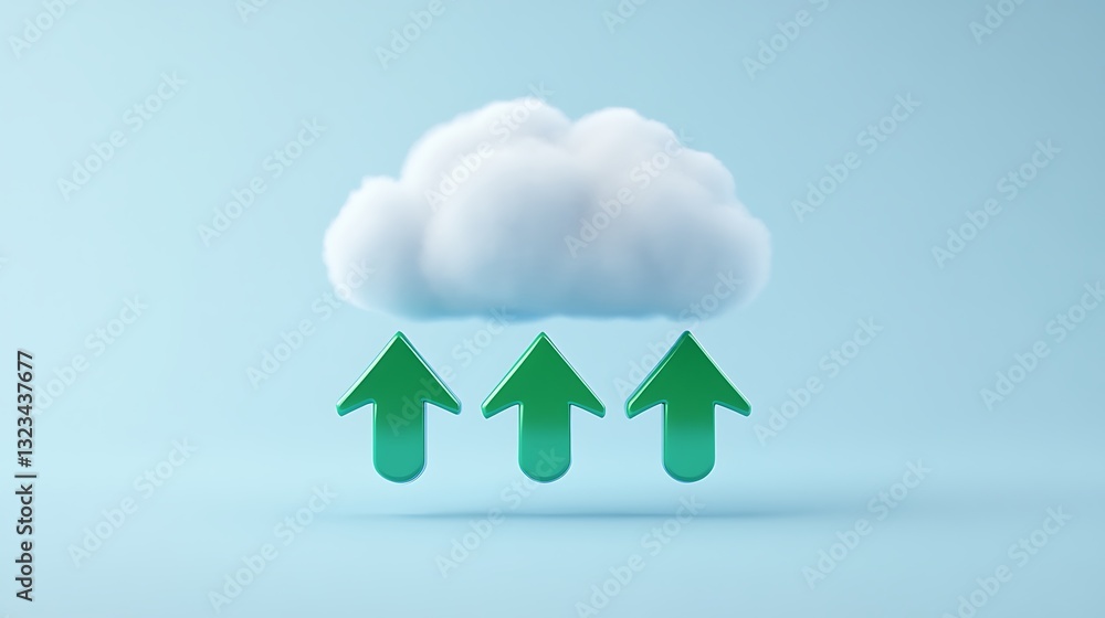 Poster cloud with green upward arrows representing growth and progress in digital transformation and techno