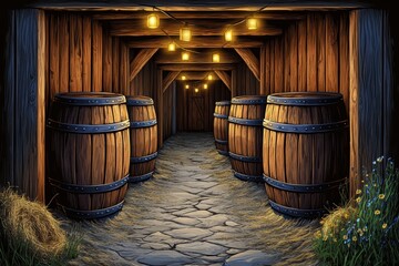 A dimly lit wooden corridor lined with barrels, creating a rustic atmosphere with warm lighting.