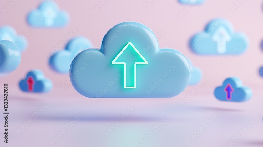 Poster colorful 3d cloud icons with upload arrows representing data transfer and cloud computing concepts