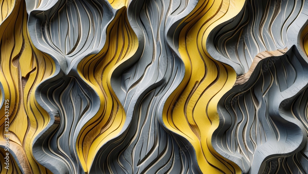 Leinwandbilder Close-up of a textured abstract pattern showcasing wavy lines in yellow and gray hues, creating a volumetric effect with wood-like fibers.