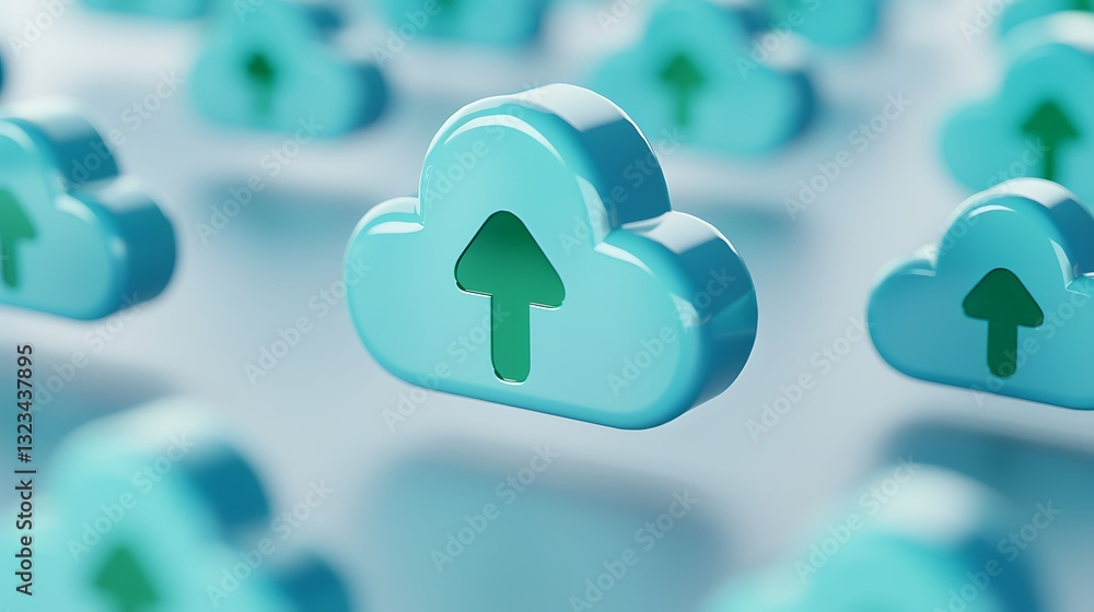 Poster colorful 3d clouds with upload icons representing data transfer and cloud technology in digital envi