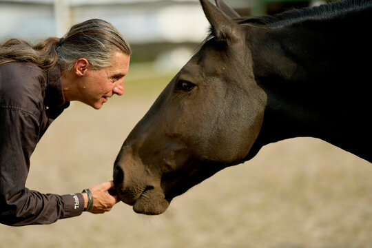 Person and brown horse touching noses in a gentle, close interaction outdoors. Brandenburg, Germany