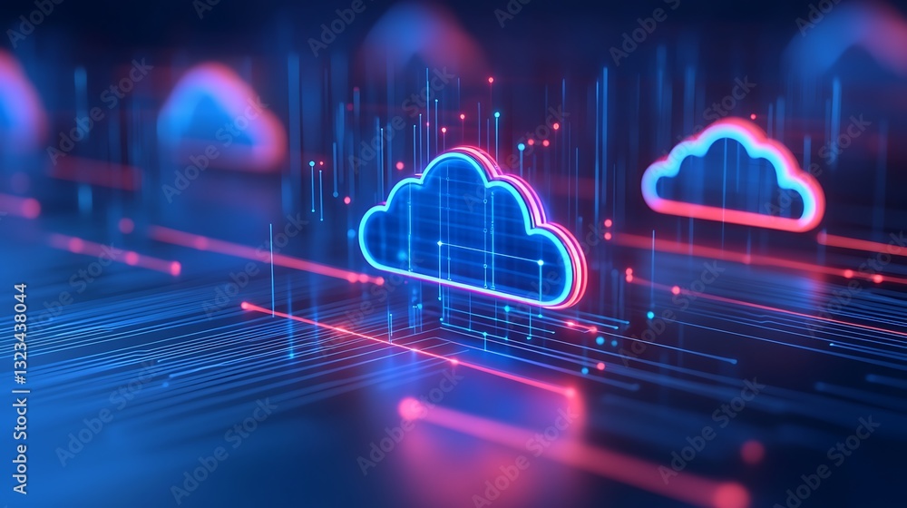 Poster colorful digital cloud storage concept with neon lights and data flow visualizations in futuristic b