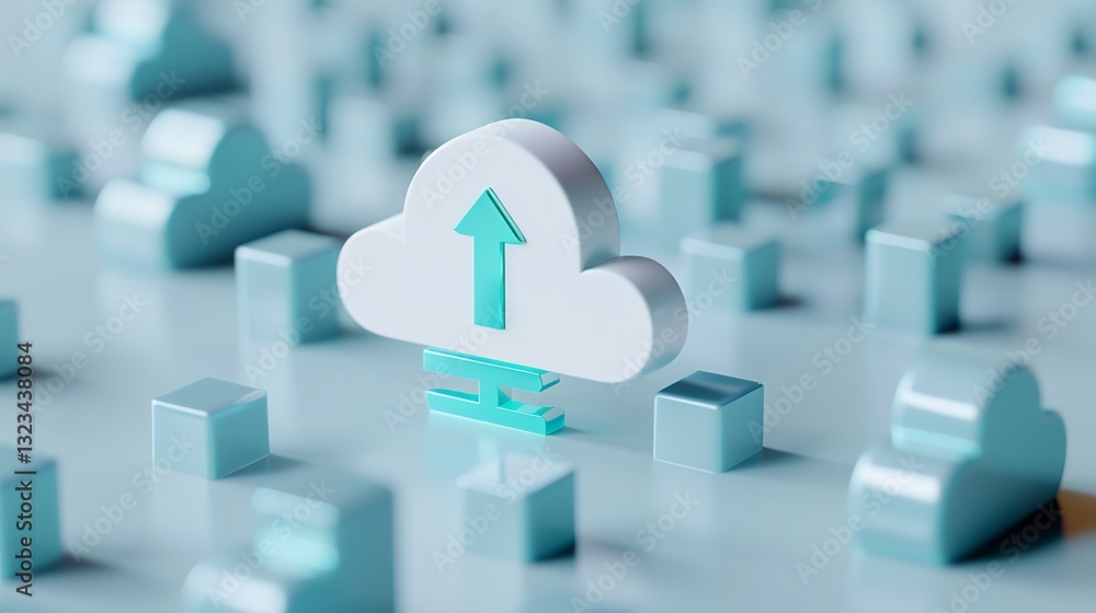 Poster computer cloud symbol with upload arrow on soft blue background surrounded by abstract geometric sha