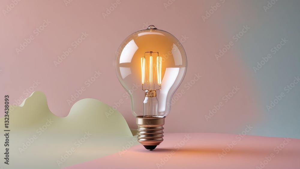 Poster high-power light bulb with glowing filament on a pastel pink and turquoise background showcasing mod