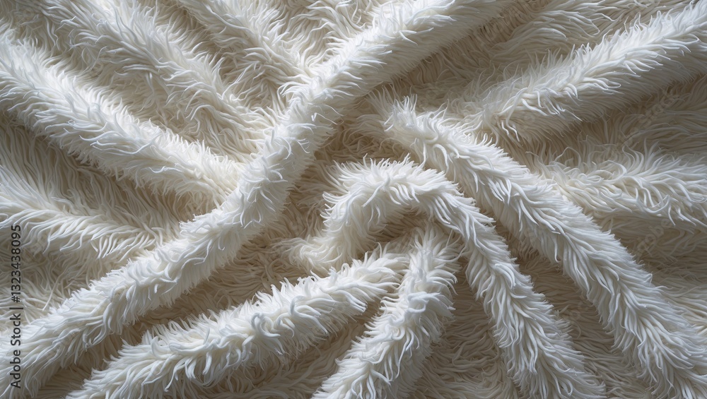 Poster soft white shaggy blanket texture laid out in a layered pattern, featuring long fibers against a neu