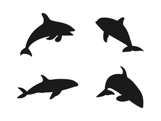 Orca silhouette vector art illustration. Sea ocean marine animal, creature, wildlife predator, swimming killer fish sign symbol. Vector illustration isolated on a white background.