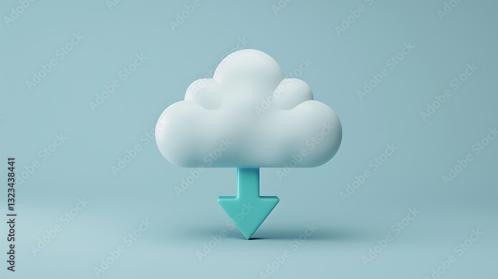 Poster cute cloud icon with download arrow on soft blue background for digital content and cloud computing 