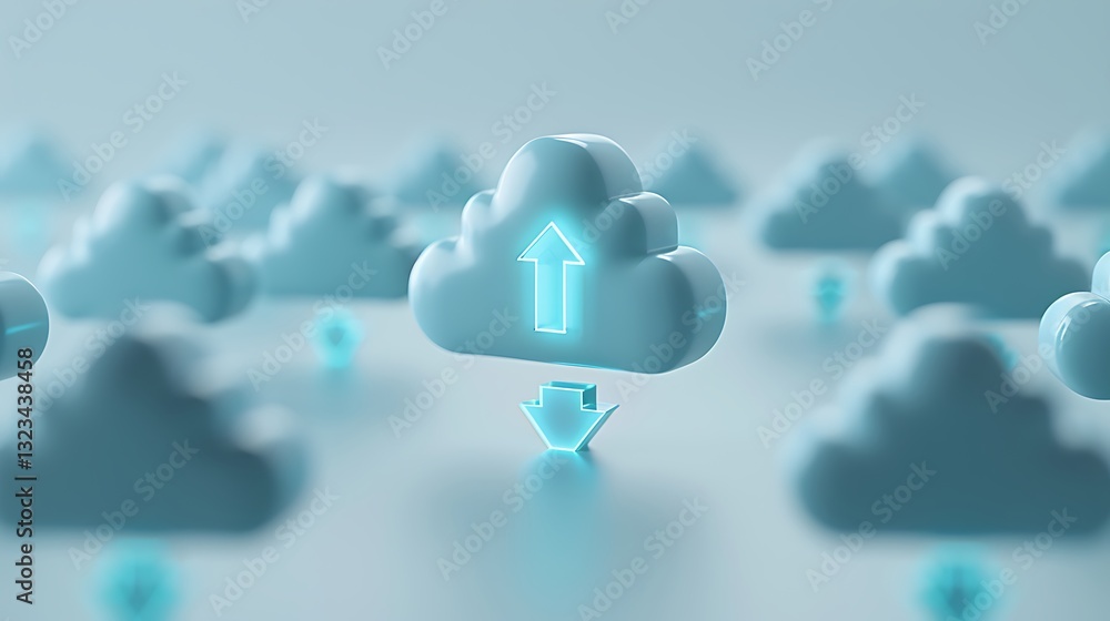 Poster creative representation of cloud storage technology with upload and download icons in a modern digit