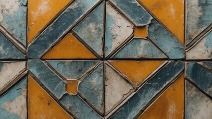 Geometric tiled design featuring blue, orange, and beige colors with coarse texture, close-up view highlighting intricate patterns and surfaces.