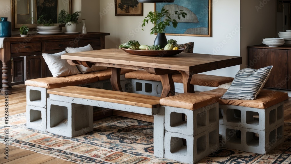 Leinwandbilder rustic dining room with a wooden table centered over a patterned rug, surrounded by concrete block b