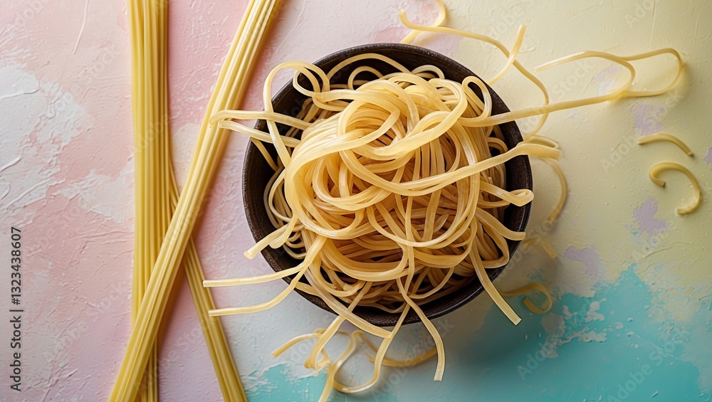 Poster dried spaghetti noodles in a black bowl against a soft pastel gradient background with yellow and pi