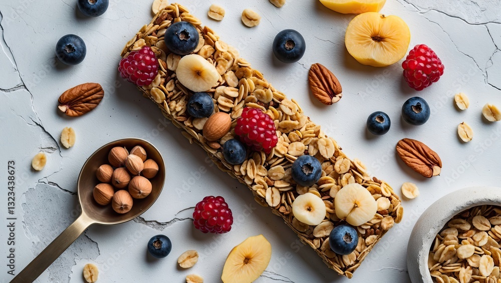 Poster granola bar topped with nuts, raspberries, blueberries, banana slices on a light gray stone surface 