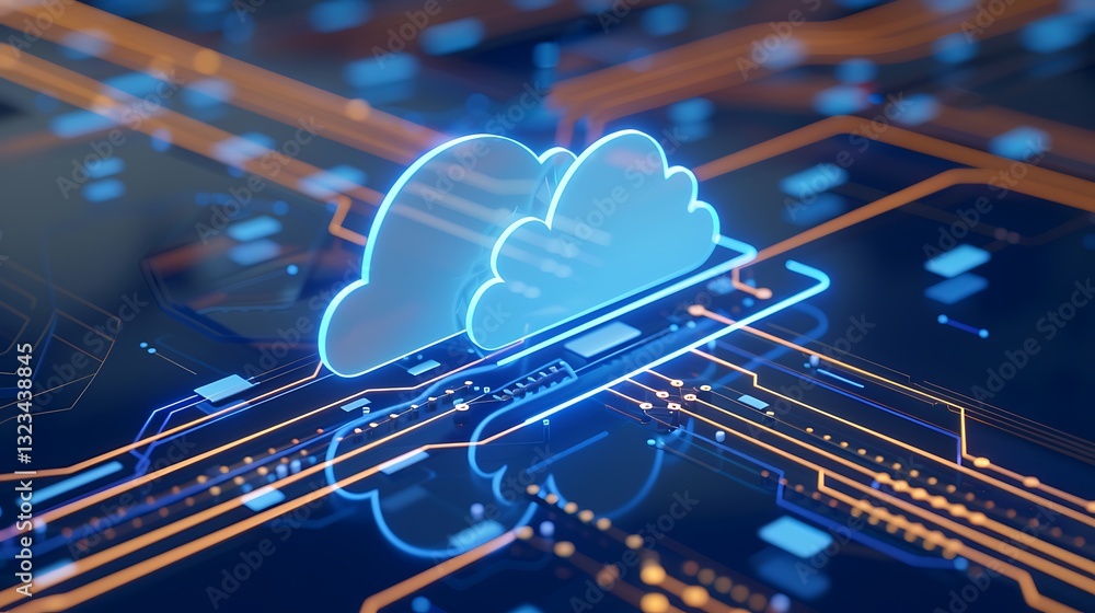 Poster digital cloud computing concept with neon cloud icons and circuit board design in futuristic technol