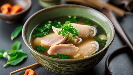 Ginseng chicken soup in a green bowl on a dark surface, garnished with herbs and surrounded by ingredients, with ample copy space for text design.