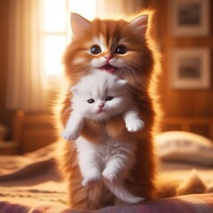 Fototapeta premium Cute ginger kitten playing with white cat on bed at home