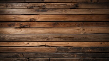 Naklejka premium Rustic wooden backdrop featuring horizontal planks in rich brown tones, showcasing unique textures and natural grain patterns throughout.