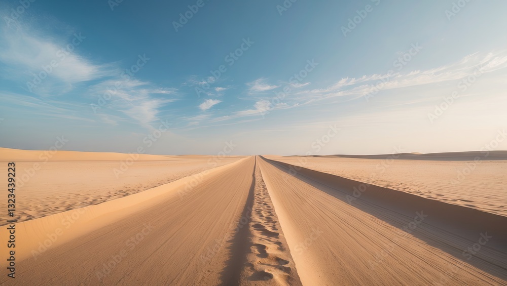 Aufkleber desert landscape featuring tan sand road extending towards horizon under a bright blue sky with ligh