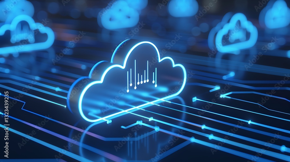 Poster digital cloud connectivity with neon lines and graphs representing data transfer and technology inno