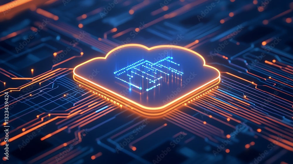 Poster digital cloud icon on circuit board background with neon glow for technology and network concepts