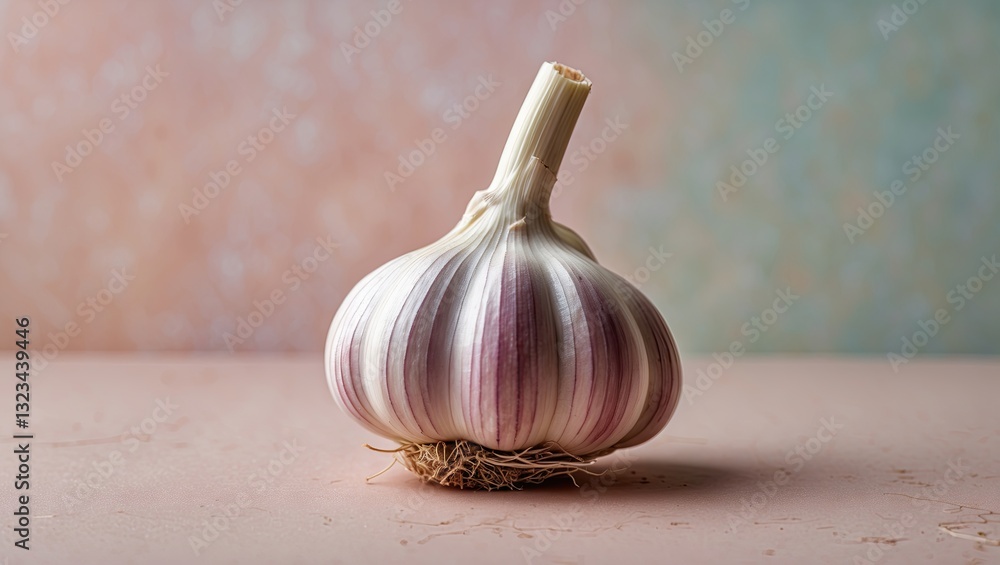 Poster garlic bulb positioned centrally on a soft pastel backdrop with shades of pink and blue showcasing i