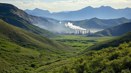 Fototapeta premium A green valley surrounded by mountains, with an industrial plant visible in the distance releasing smoke. picture