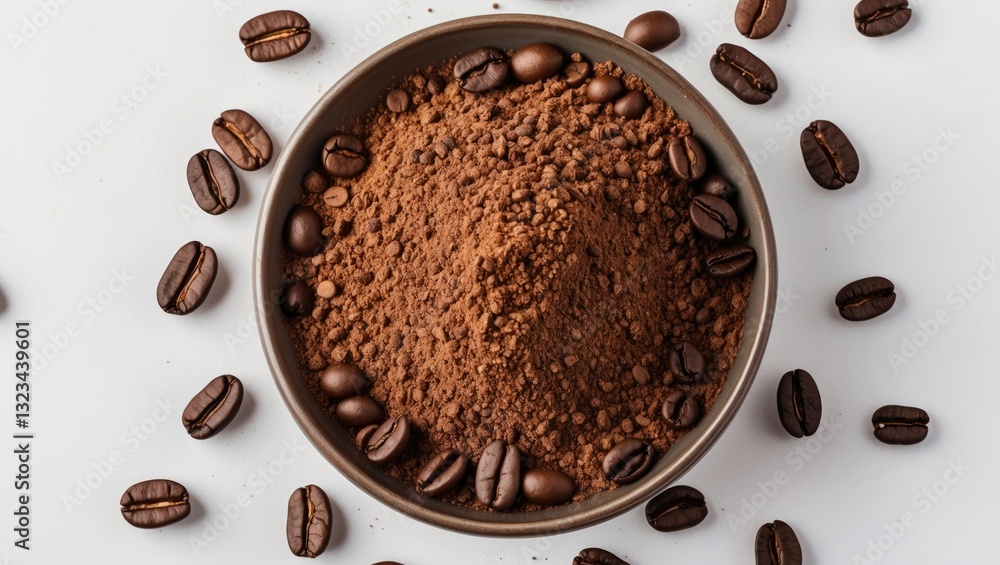 Poster Bowl of ground coffee in the center surrounded by coffee beans on a white background with ample copy space for text or design elements.
