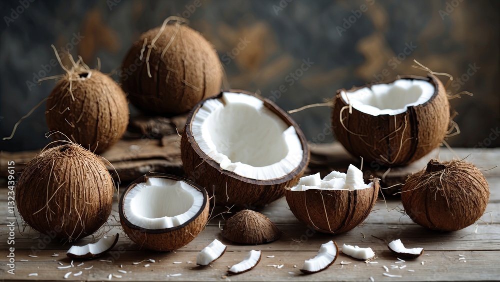Poster dried coconut shells arranged artistically on a rustic wooden table, showcasing both whole and halve