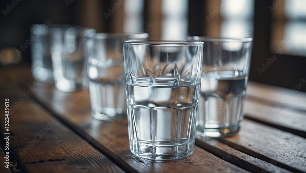 Poster clear glasses filled with water lined on a rustic wooden table with soft lighting and blurred backgr