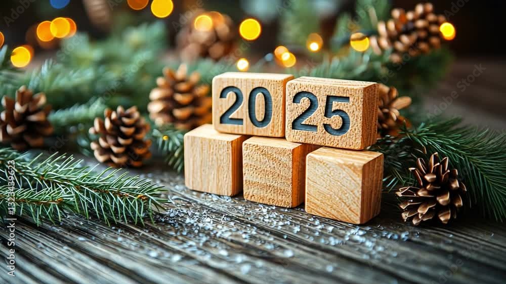 Poster wooden blocks display 2025 with pine cones and greenery, creating warm festive atmosphere for holida
