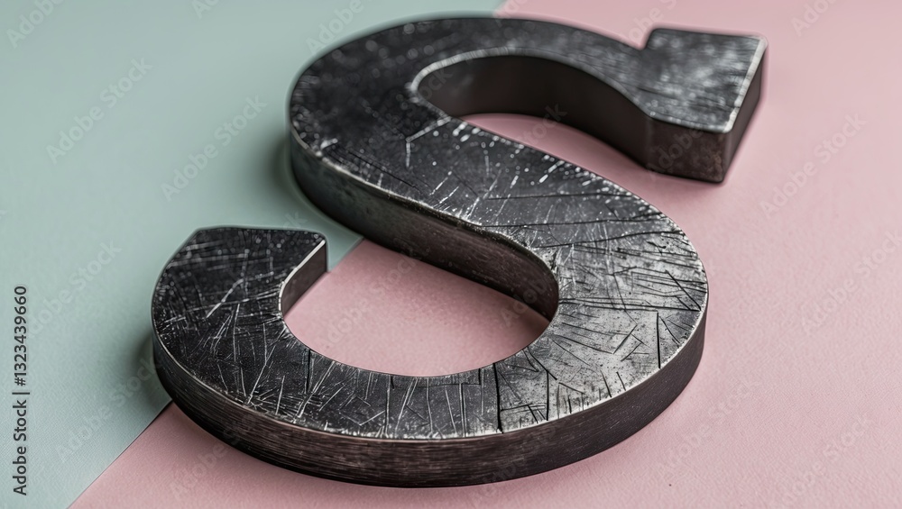 Fototapete uppercase letter s in scratched dark metallic texture positioned diagonally on a pastel pink and gre