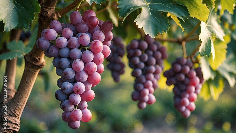 Poster vibrant clusters of ripe purple and green grapes hanging from lush green vines with a blurred backgr