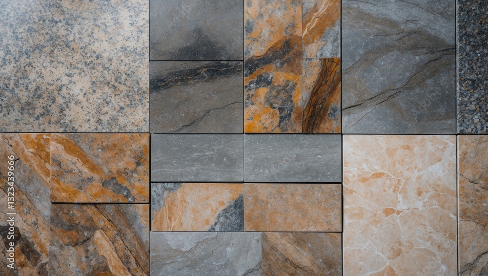 Poster granite wall with textured gray tiles and orange-brown veining arranged in a geometric pattern showc