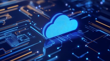 Digital Cloud Icon Over Circuit Board in Futuristic Technology Environment with Blue Light Effects